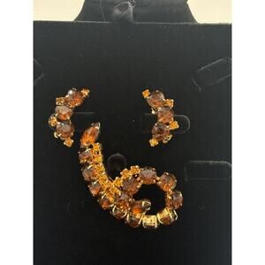 Vintage Amber & Topaz Rhinestone Brooch and Earring Set – Mid-Century Glamour